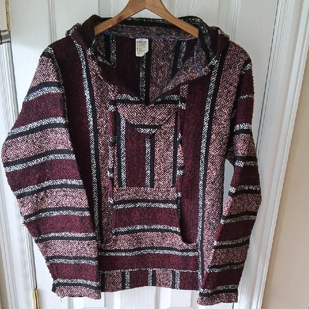 Striped Hooded Baja Jacket in Burgundy